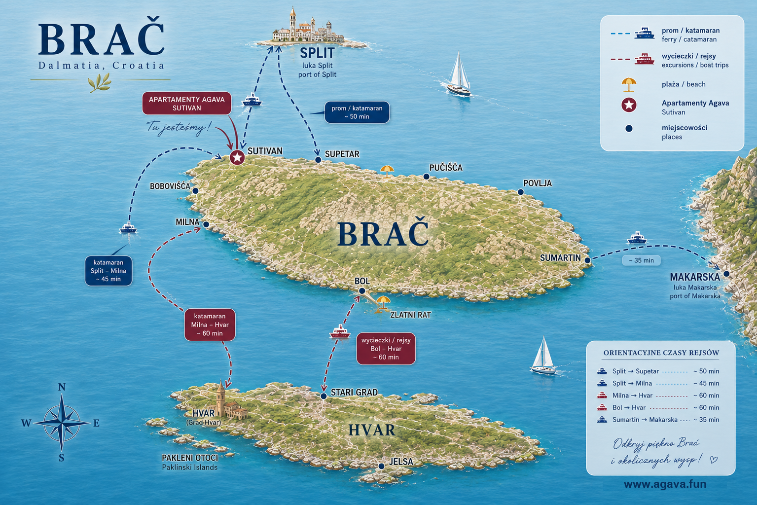 Mapa wyspy Brač z trasami promów
